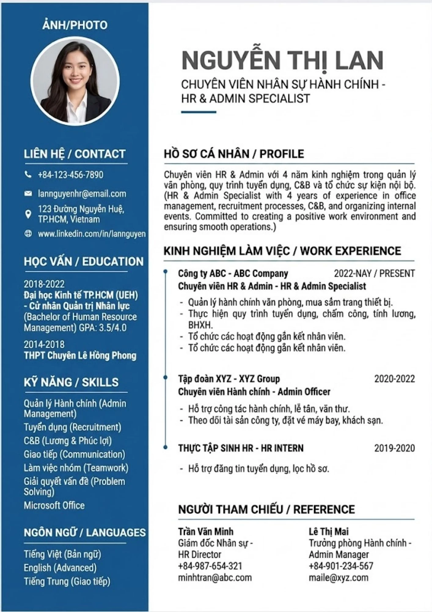 Mẫu CV hành chính nhân sự song ngữ chuyên nghiệp