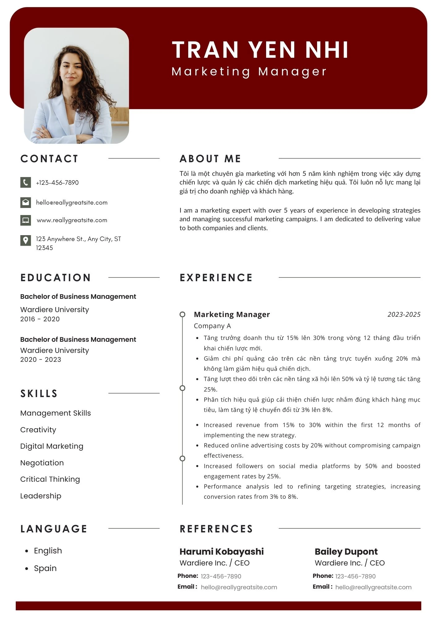 Mẫu CV song ngữ cho ngành IT/ Marketing