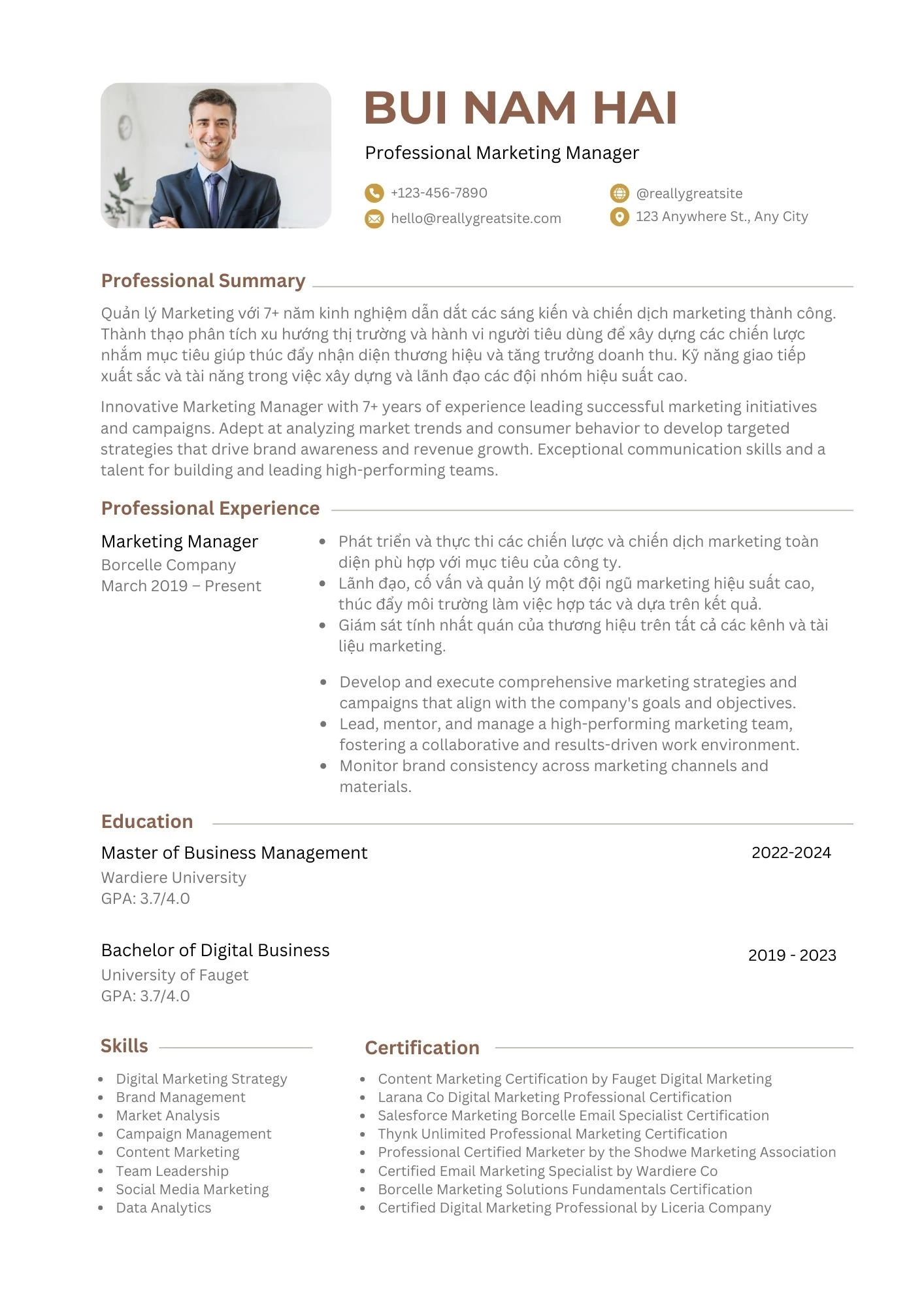 Mẫu CV song ngữ cho người đã có nhiều năm kinh nghiệm