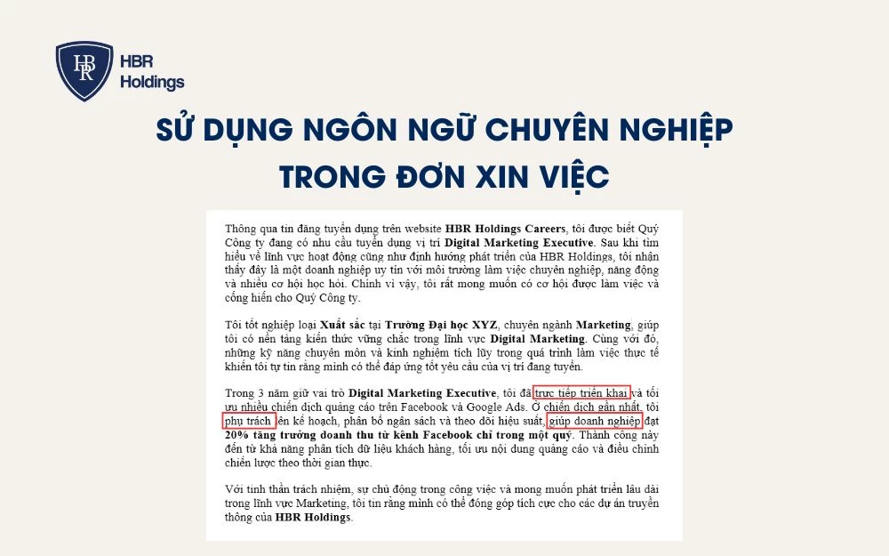 Ngôn ngữ trong đơn xin việc cần được ghi một cách chuyên nghiệp