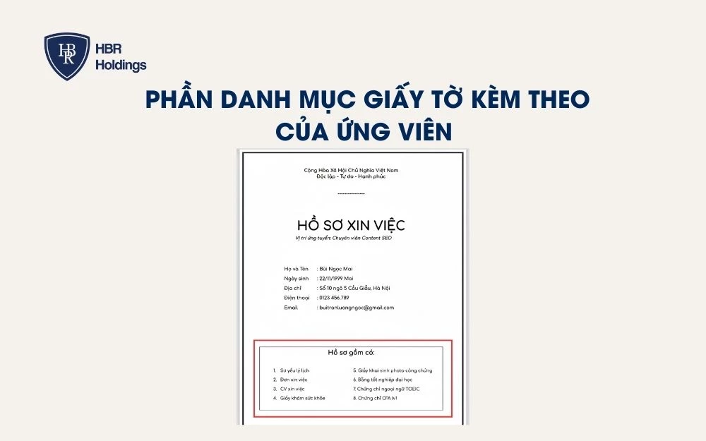 Mẫu điền phần danh mục giấy tờ kèm theo ở bìa hồ sơ xin việc