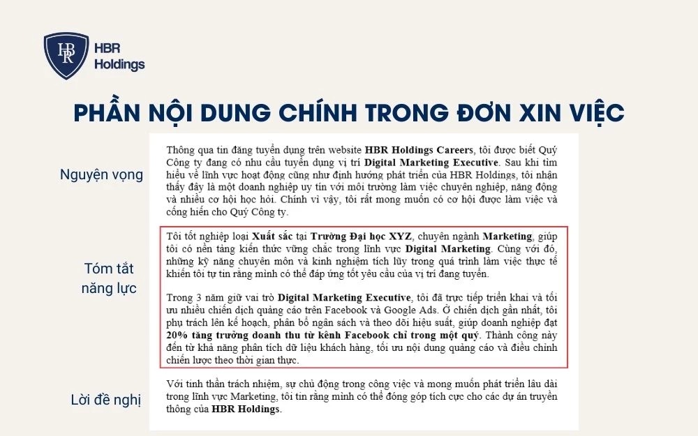 Bố cục vàng trong nội dung chính của đơn xin việc