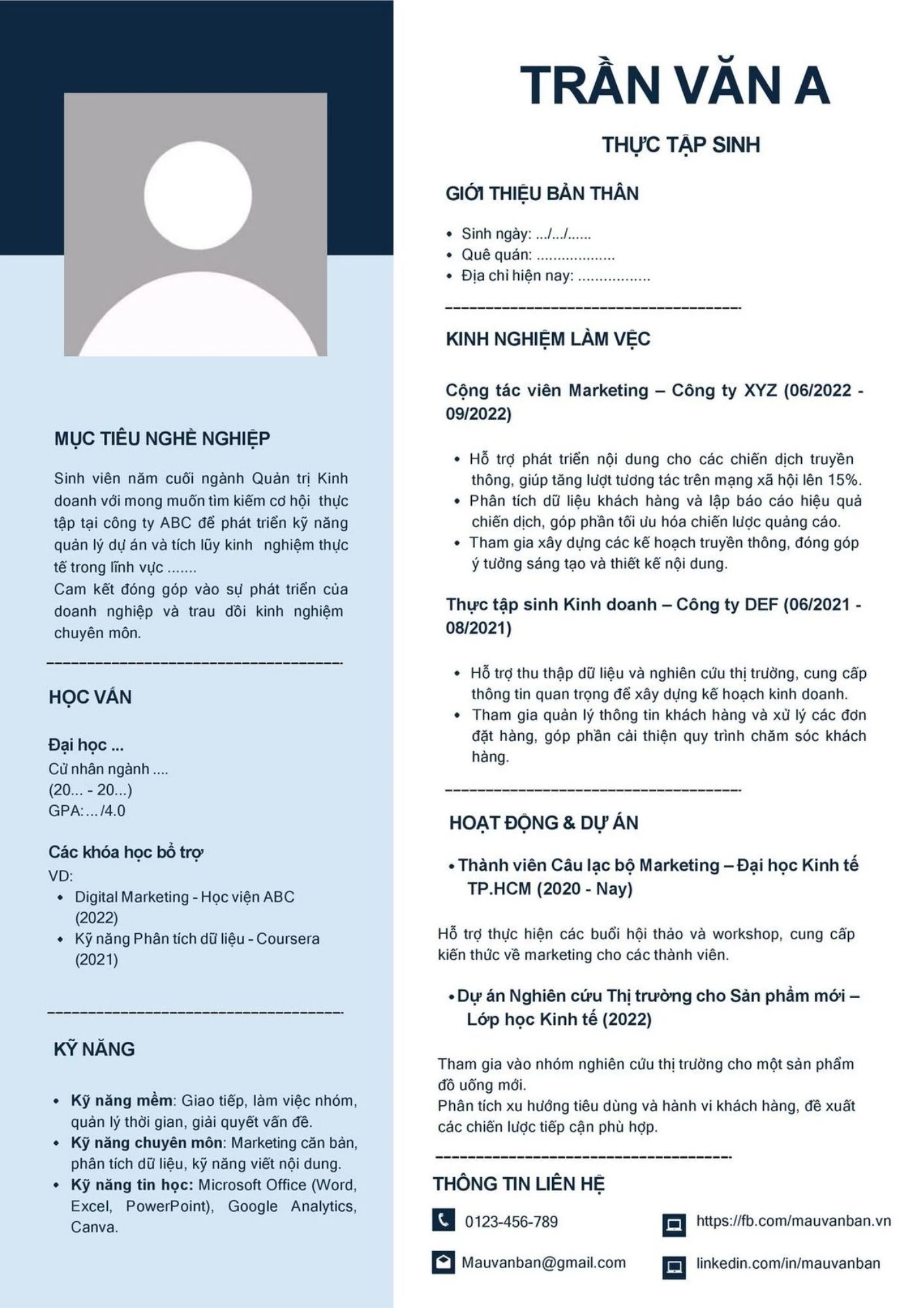 Mẫu CV xin thực tập phù hợp với vị trí Hành chính - Nhân sự