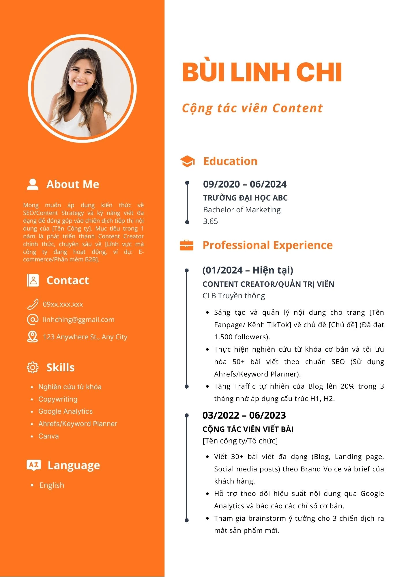 Mẫu CV dành cho vị trí Cộng tác viên Content