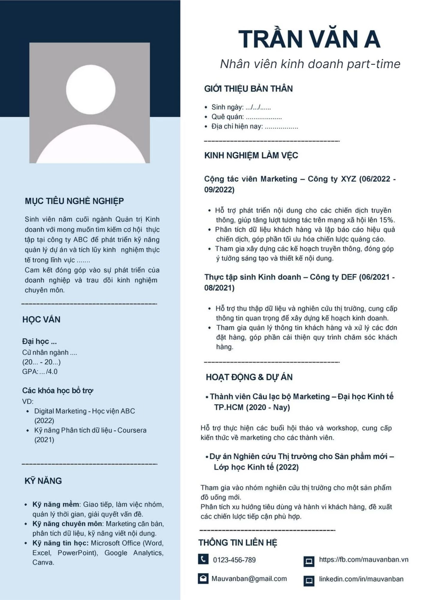 Mẫu CV dành cho vị trí nhân viên part-time