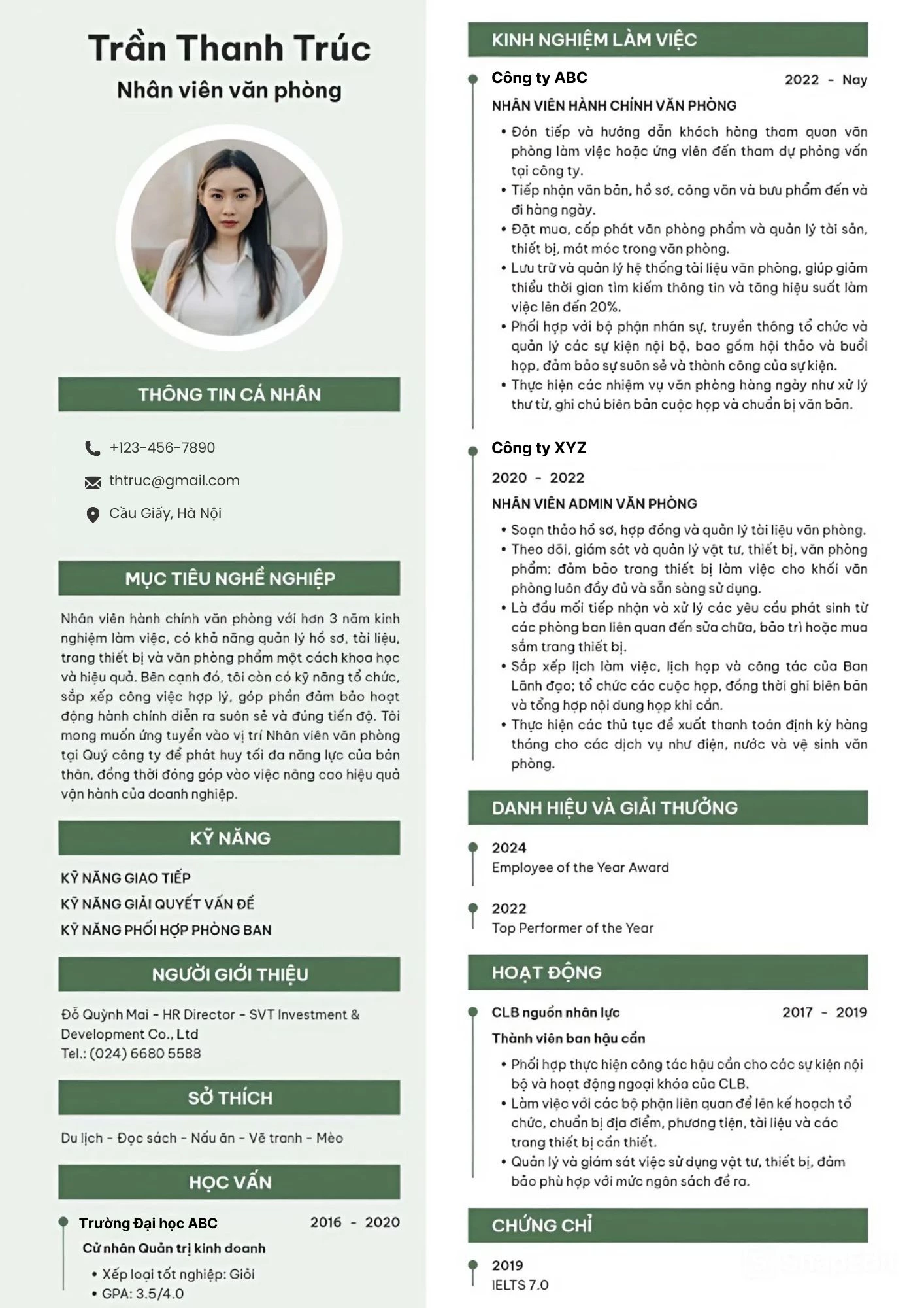 Mẫu CV mô tả khả năng tổ chức công việc và quản lý tài liệu