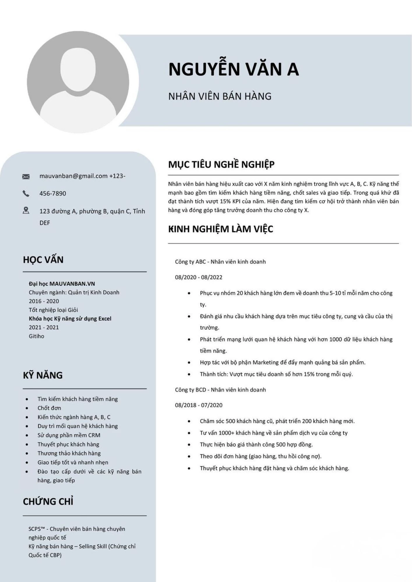 Mẫu CV xin việc part-time dành cho vị trí Nhân viên bán hàng