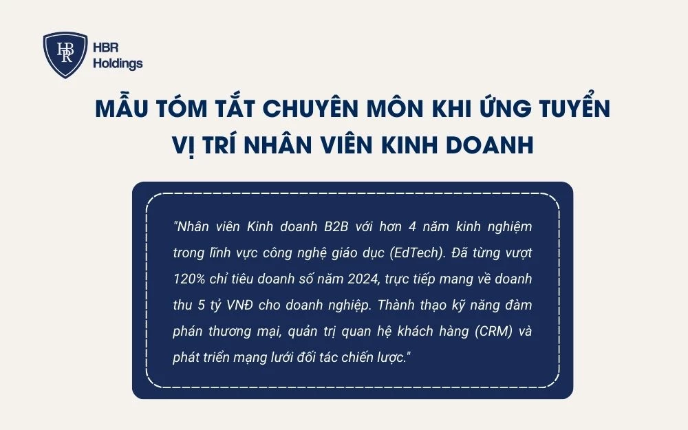 Mẫu tóm tắt chuyên môn khi ứng tuyển vị trí Nhân viên Kinh doanh