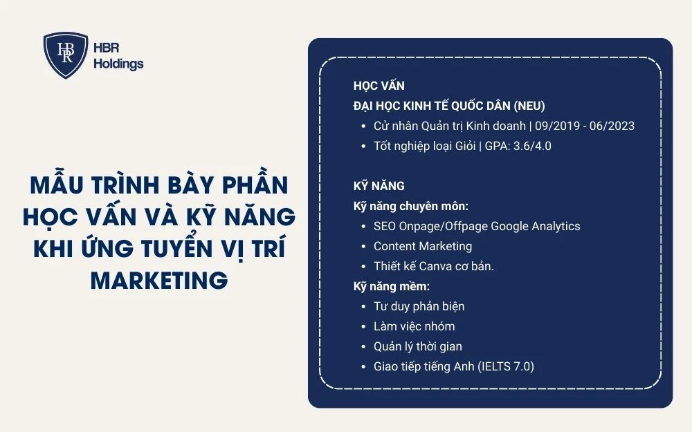 Mẫu trình bày phần Học vấn và kỹ năng khi ứng tuyển vị trí Marketing