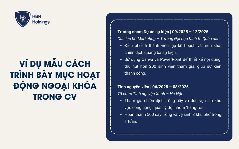 Ví dụ mẫu cách trình bày mục hoạt động ngoại khóa trong CV