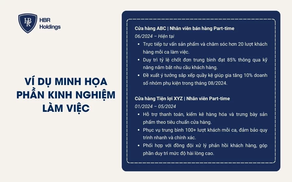 Ví dụ minh họa phần kinh nghiệm làm việc