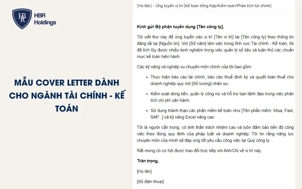Mẫu Cover Letter dành cho ngành Tài chính - Kế toán