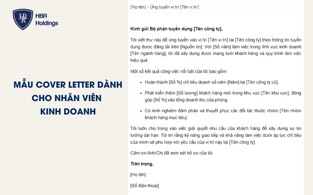 Mẫu Cover Letter dành cho Nhân viên kinh doanh