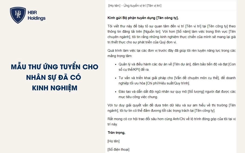 Mẫu thư ứng tuyển cho nhân sự đã có kinh nghiệm