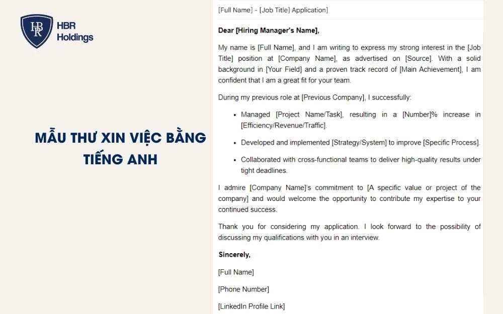 Mẫu thư xin việc bằng tiếng Anh