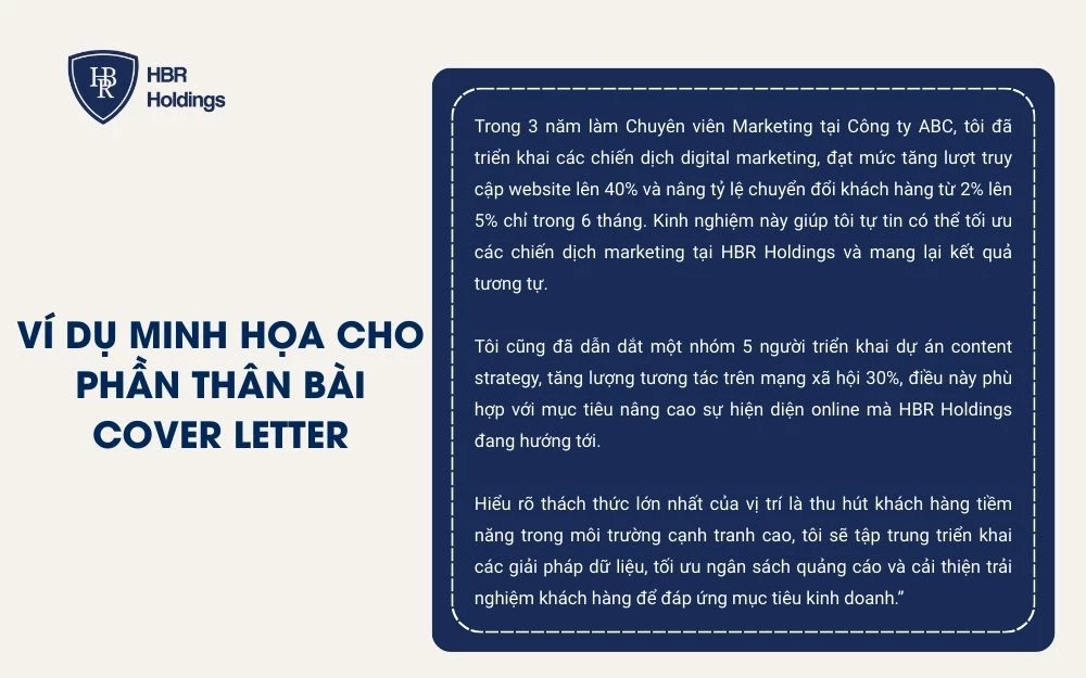 Ví dụ minh họa cho phần thân bài Cover Letter