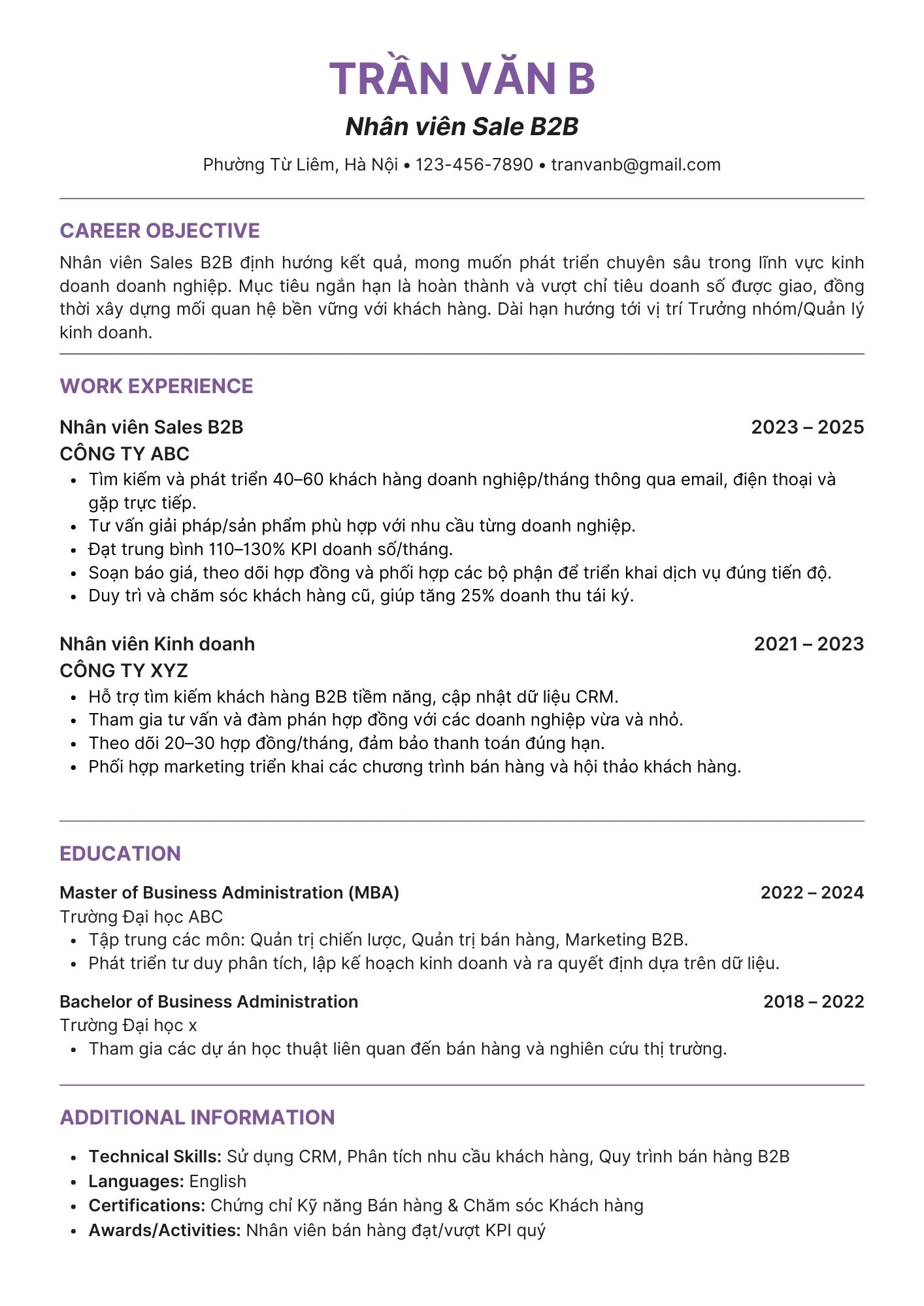 CV bán hàng B2B phù hợp doanh nghiệp và dự án