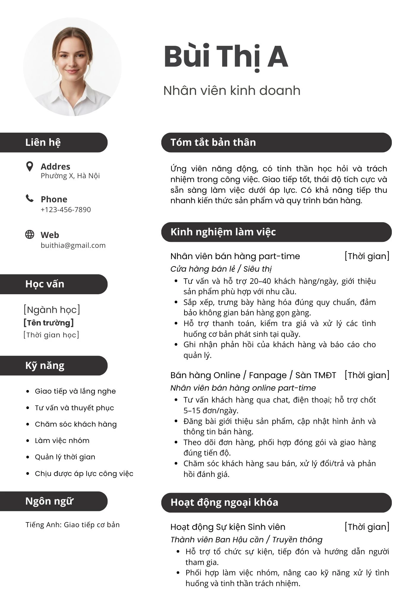 Mẫu CV cho sinh viên mới ra trường ngành Kinh doanh - Bán hàng