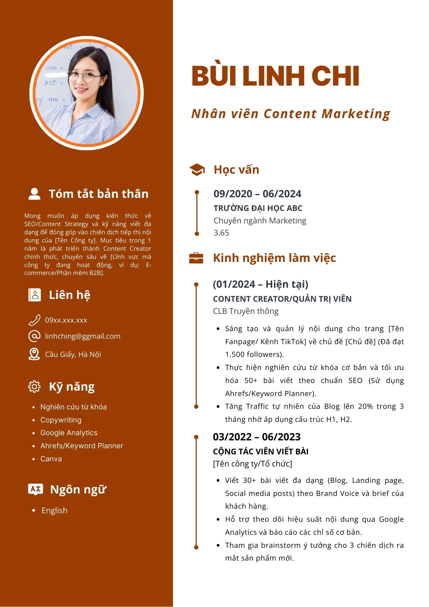Mẫu CV cho sinh viên mới ra trường ngành Marketing