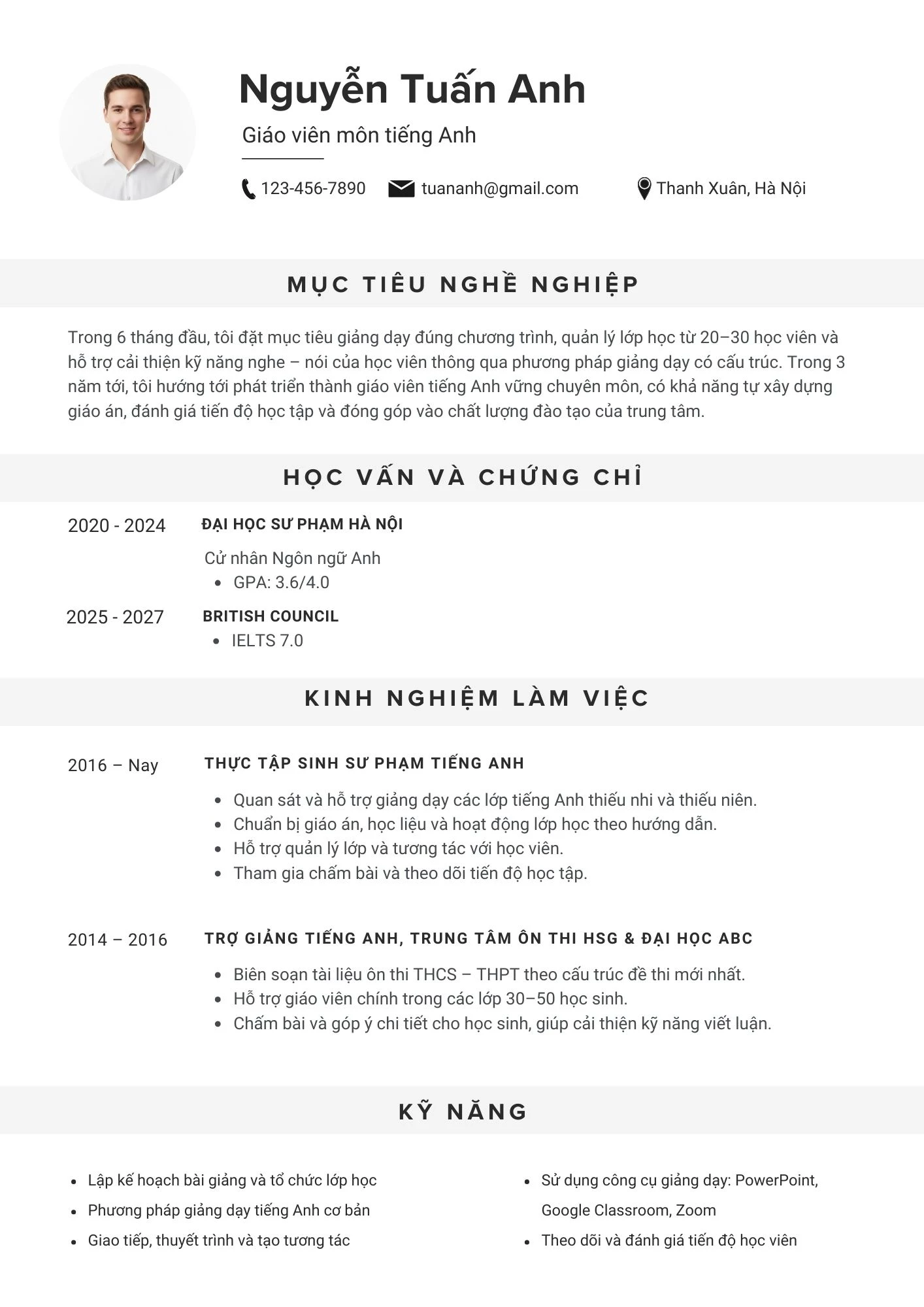 Mẫu CV giáo viên môn tiếng Anh dành cho người chưa có kinh nghiệm