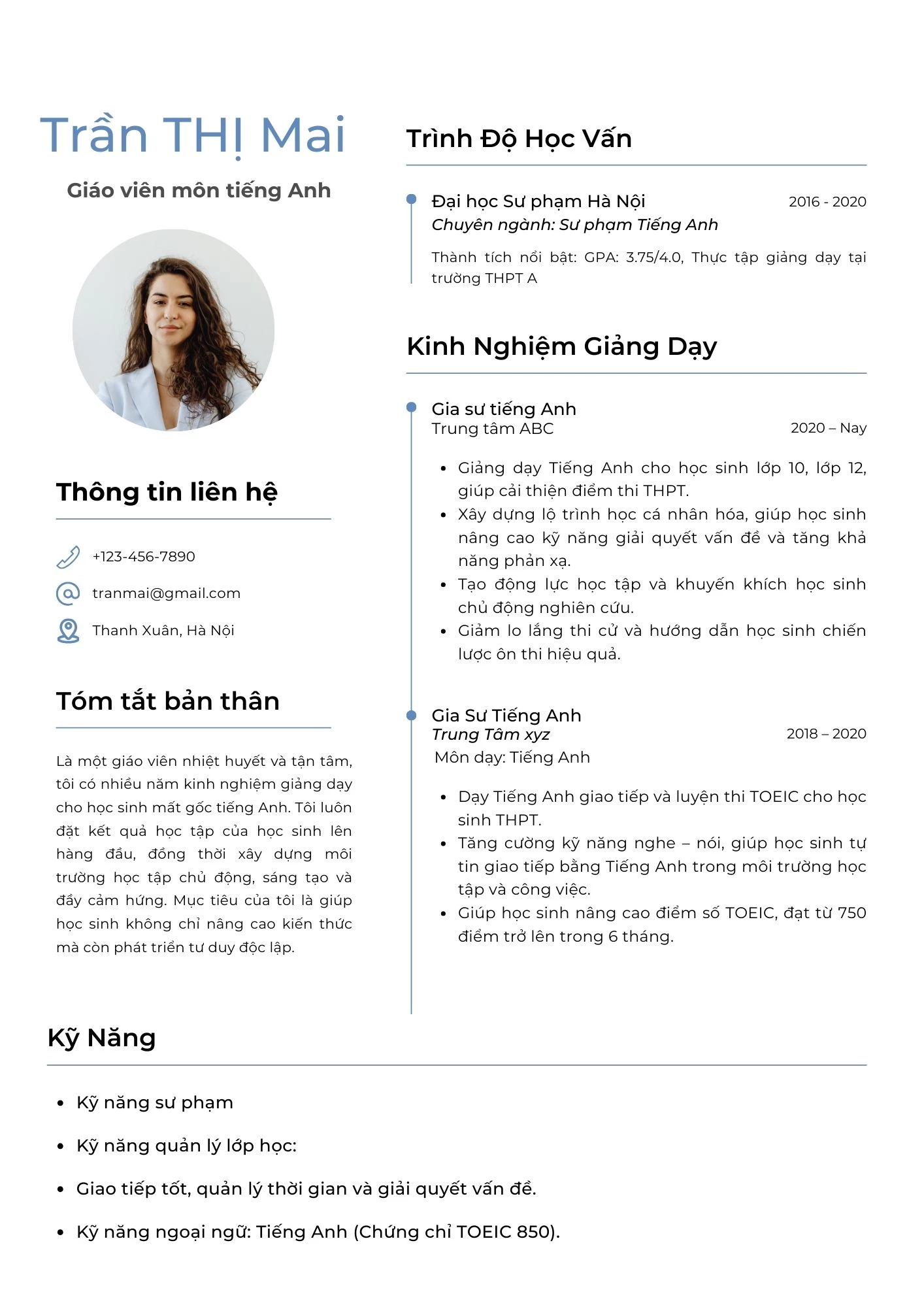 Mẫu CV giáo viên môn tiếng Anh dành cho người mới vào nghề