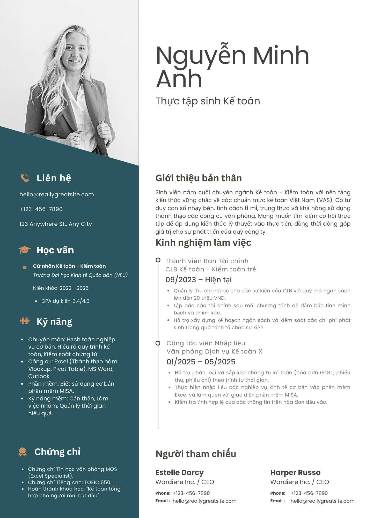 Mẫu CV thực tập sinh kế toán