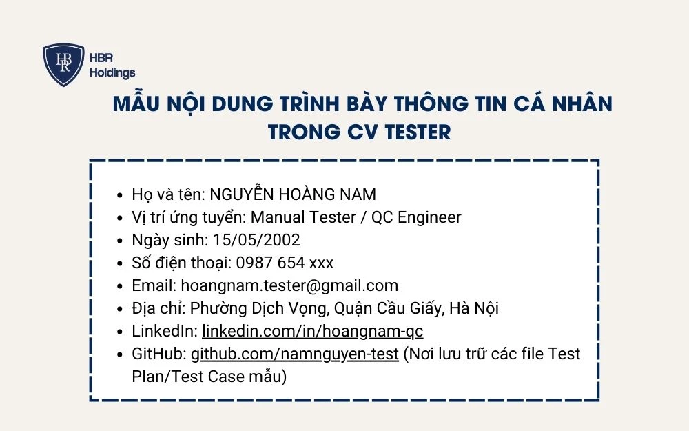 Mẫu trình bày thông tin cá nhân trong CV Tester 