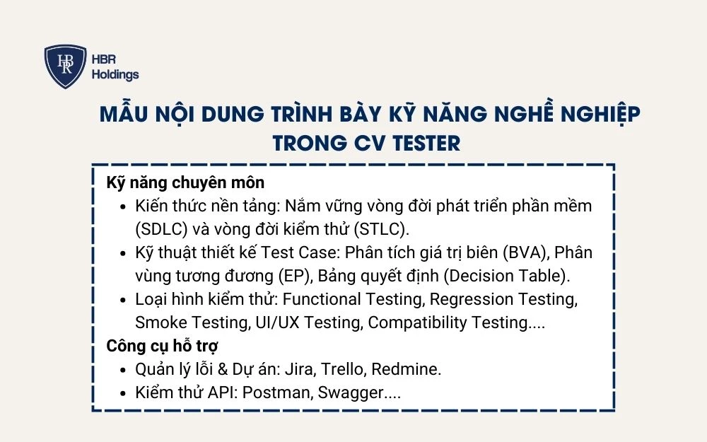 Mẫu nội dung trình bày Kỹ năng nghề nghiệp trong CV Tester