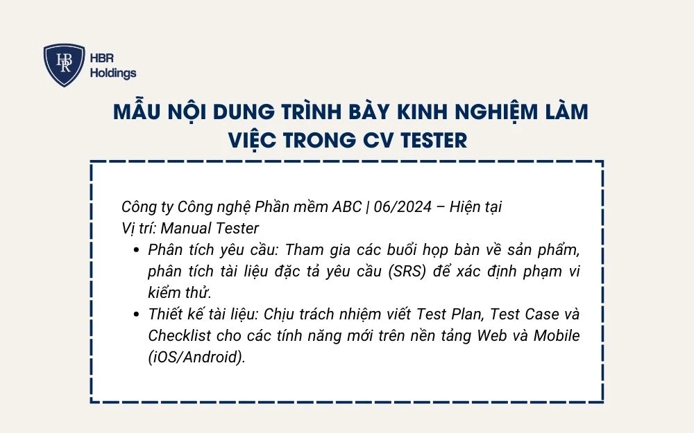 Mẫu nội dung trình bày kinh nghiệm làm việc trong CV Tester