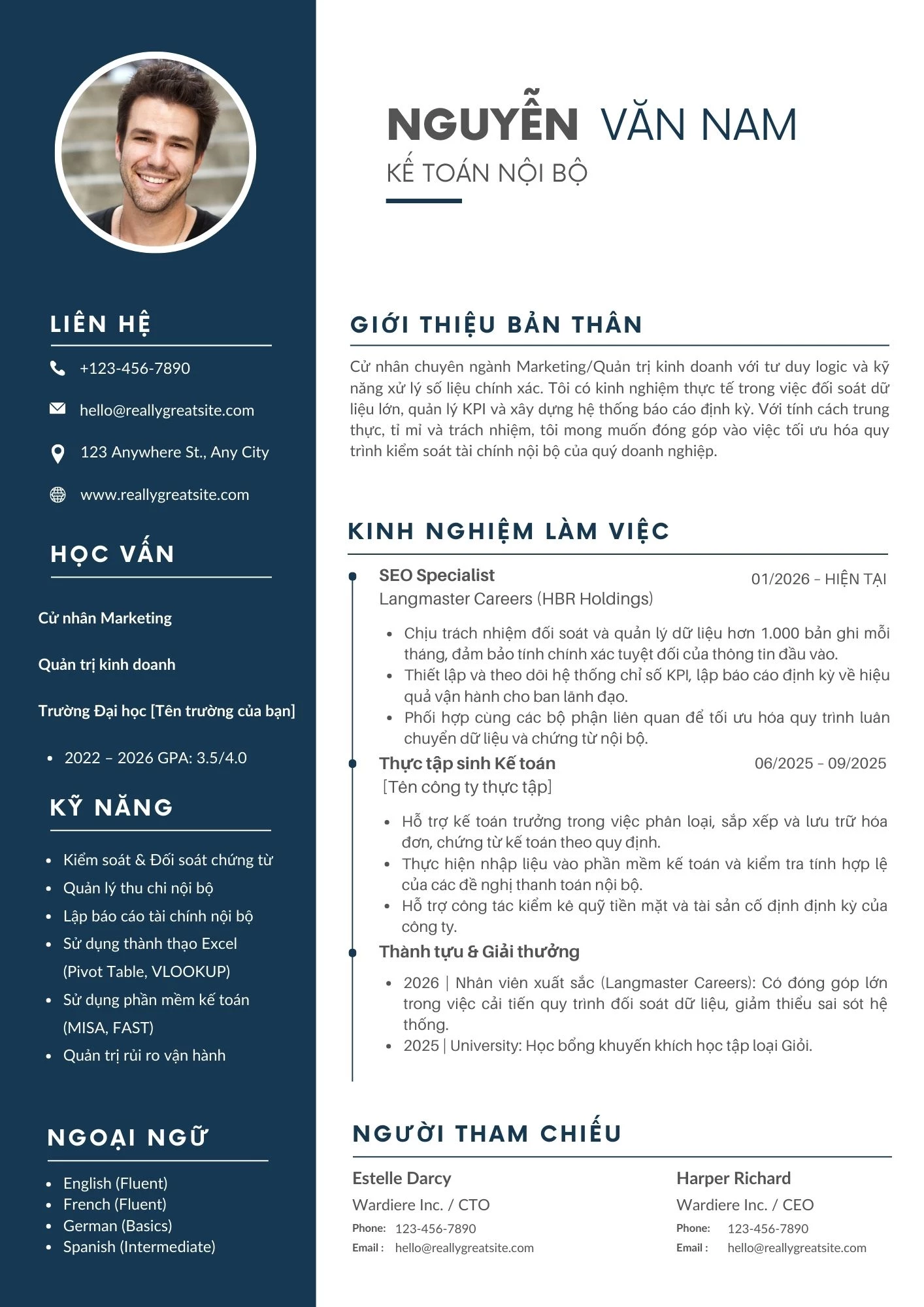 Mẫu CV Kế toán nội bộ tiếng Việt