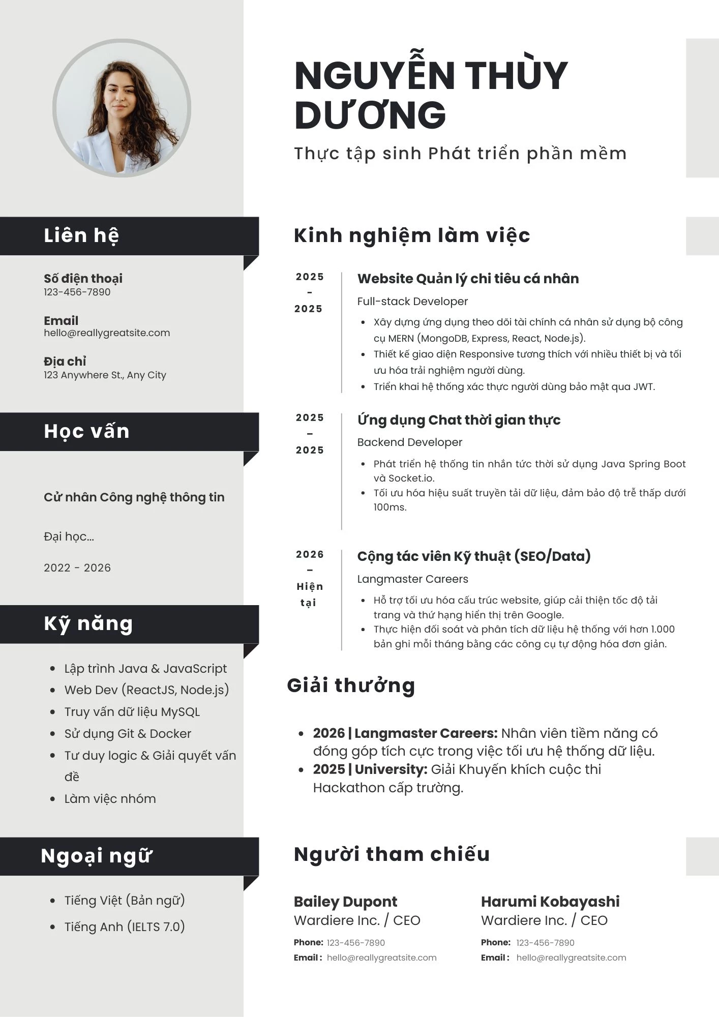 Mẫu CV Intern / Thực tập sinh IT