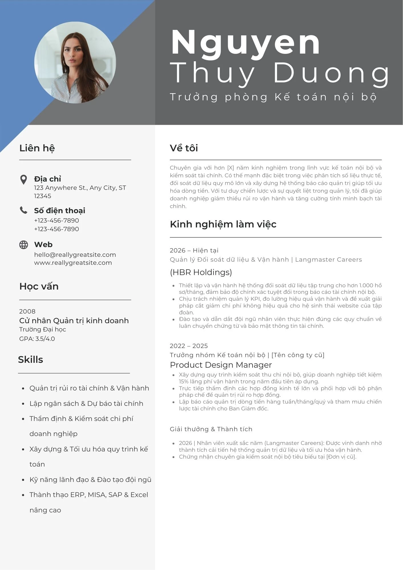 Mẫu CV Kế toán nội bộ cấp quản lý