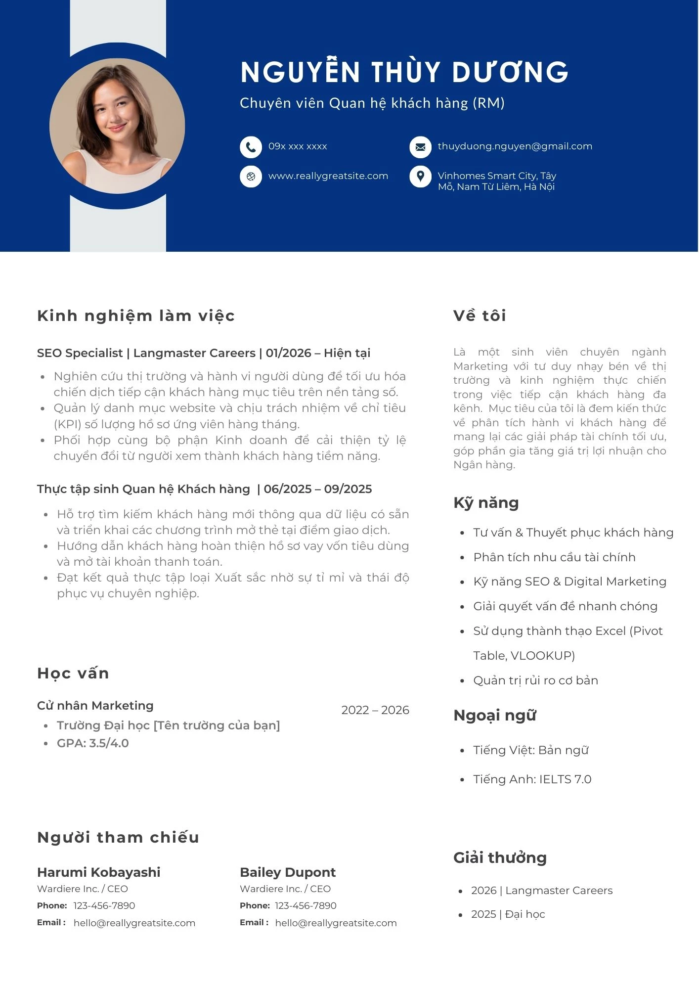 Mẫu CV xin việc ngân hàng khối kinh doanh