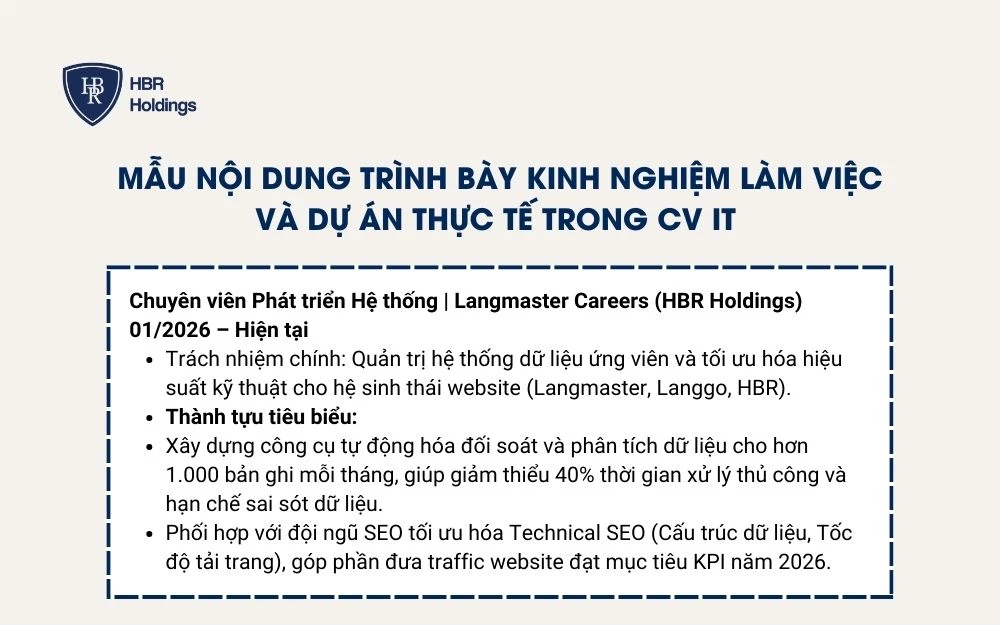 Mẫu trình bày nội dung Kinh nghiệm làm việc và dự án thực tế trong CV IT
