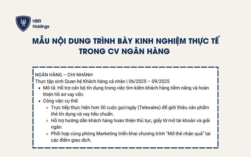 Mẫu nội dung trình bày kinh nghiệm thực tế trong CV Ngân hàng