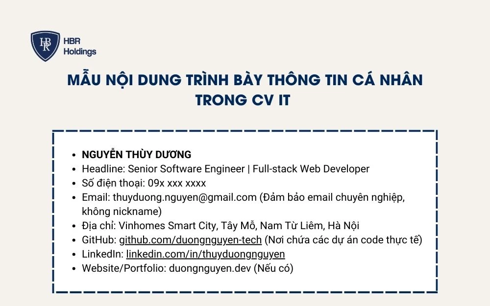 Mẫu trình bày nội dung Thông tin cá nhân trong CV IT