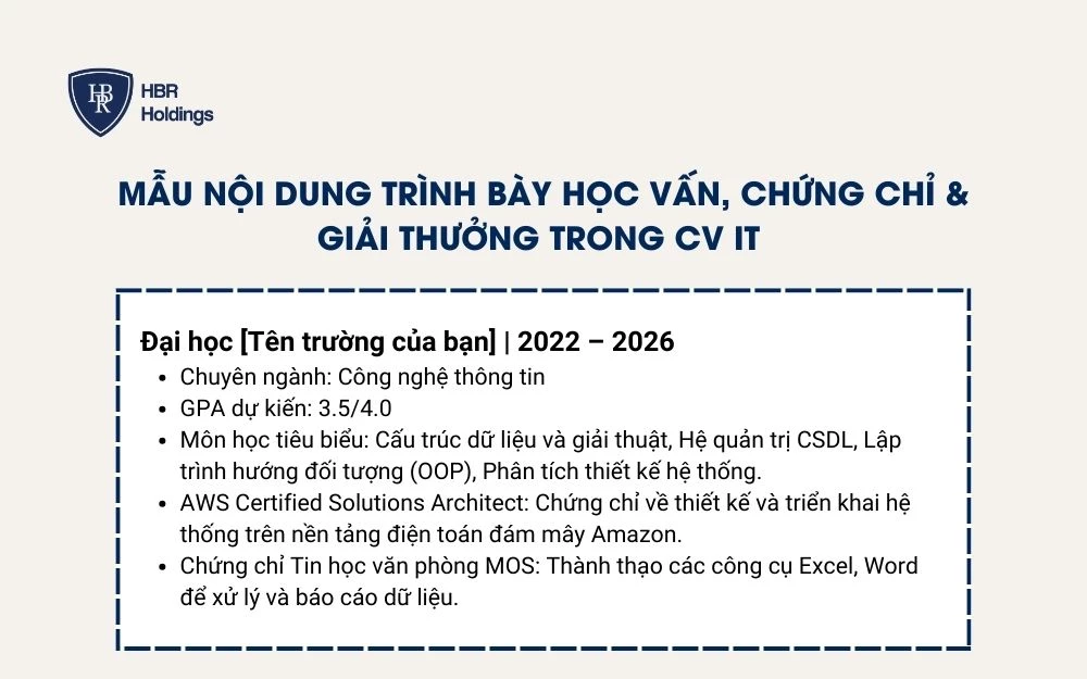 Mẫu trình bày nội dung Học vấn, chứng chỉ & giải thưởng trong CV IT