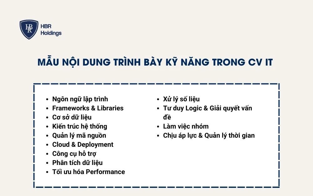 Mẫu trình bày nội dung Kỹ năng trong CV IT
