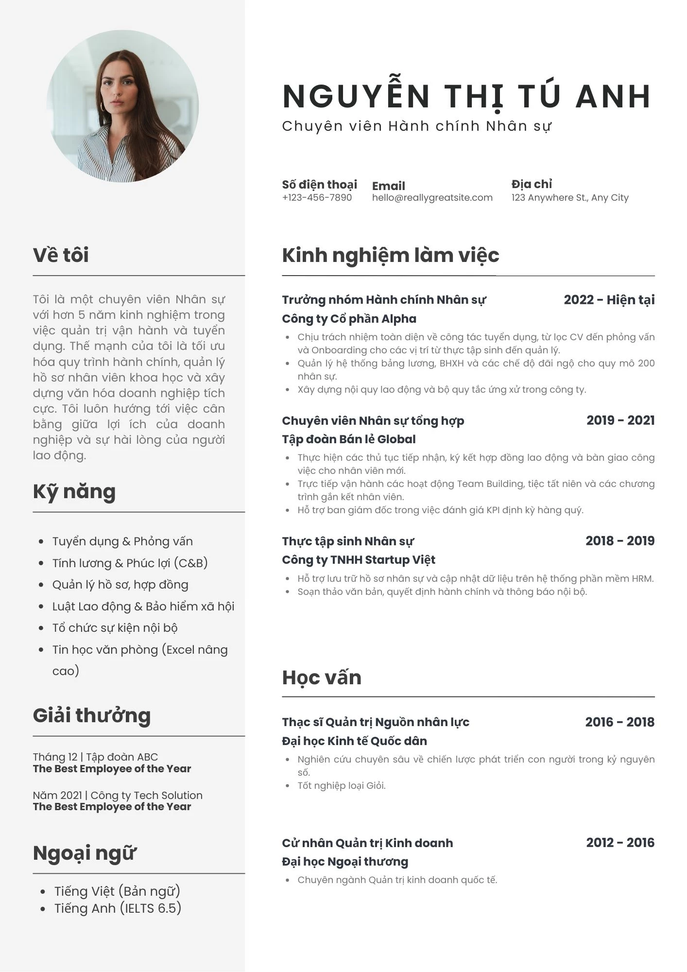 Mẫu CV Hành chính nhân sự chuẩn, chuyên nghiệp