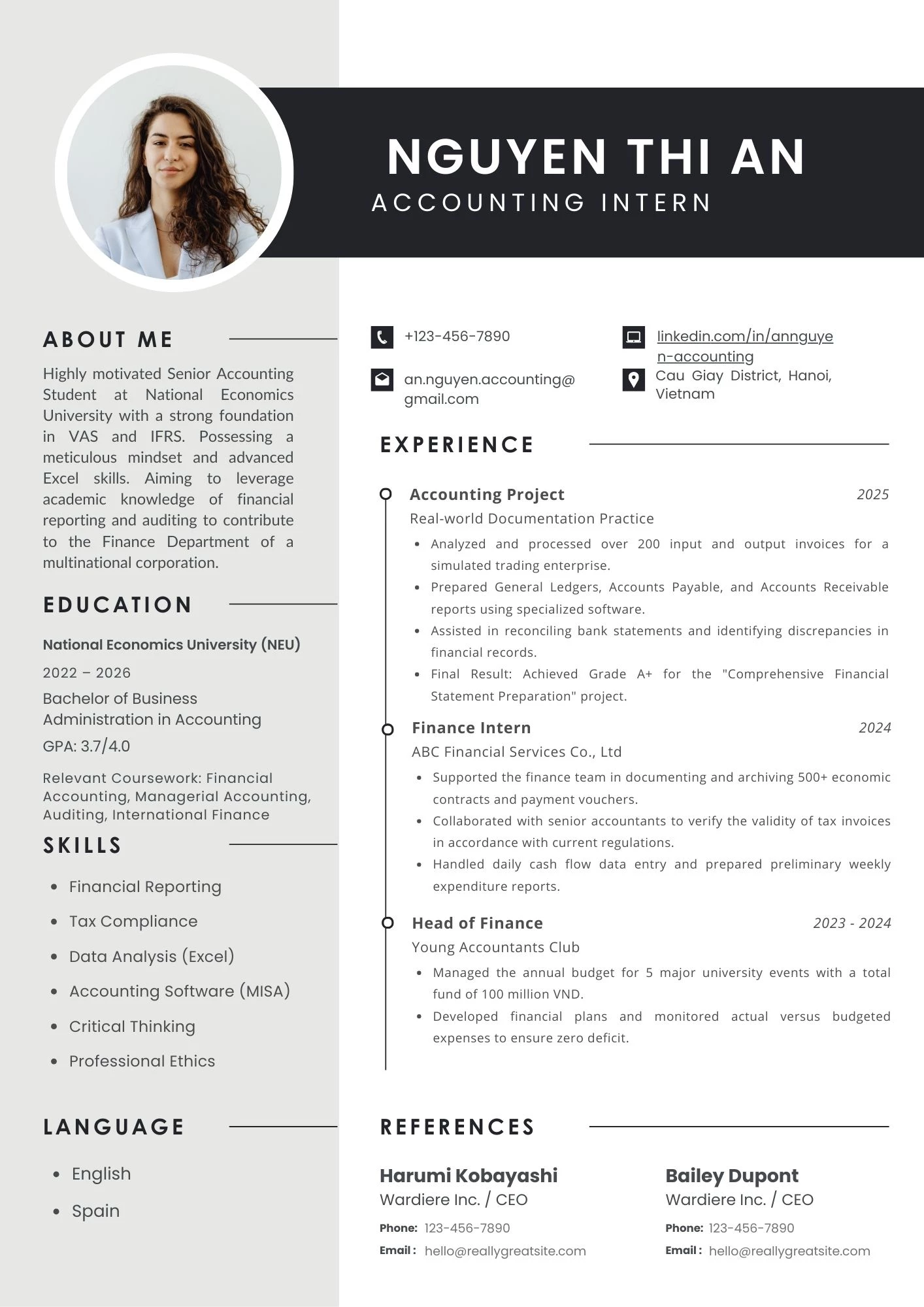 Mẫu CV Thực tập sinh kế toán tiếng Anh