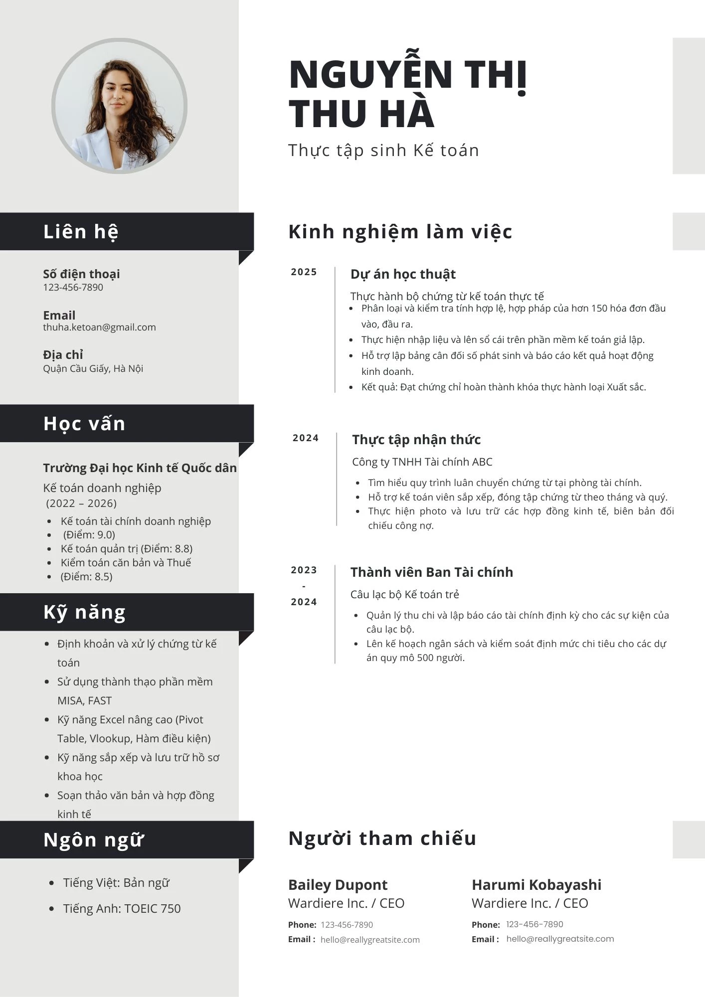 Mẫu CV thực tập sinh kế toán tiếng Việt