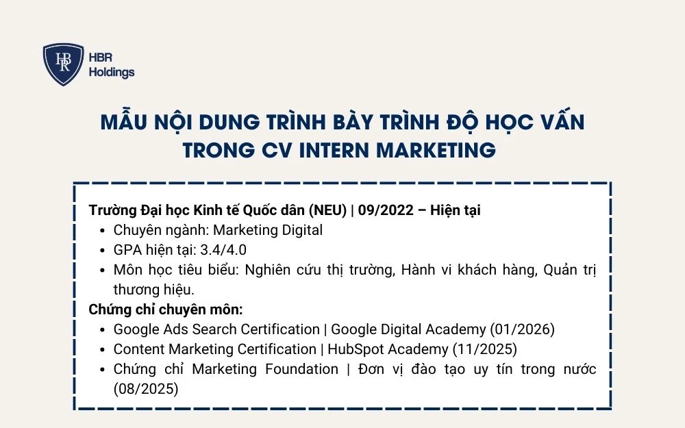 Mẫu nội dung trình bày trình độ học vấn trong CV Intern Marketing