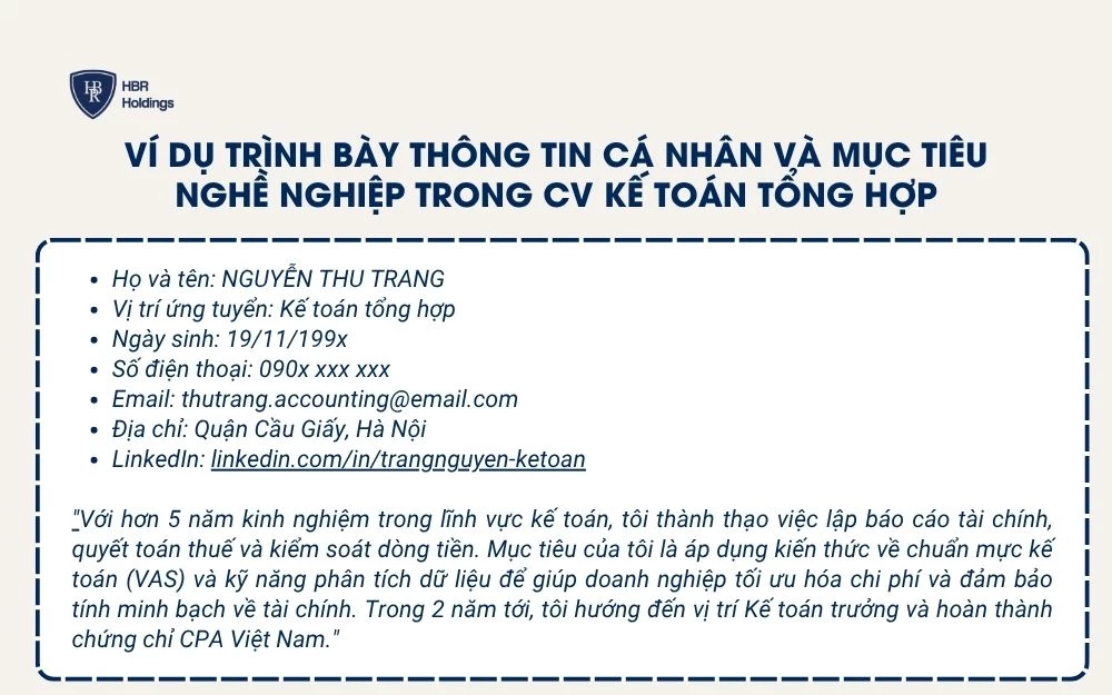 Ví dụ trình bày thông tin cá nhân & mục tiêu nghề nghiệp trong CV kế toán tổng hợp