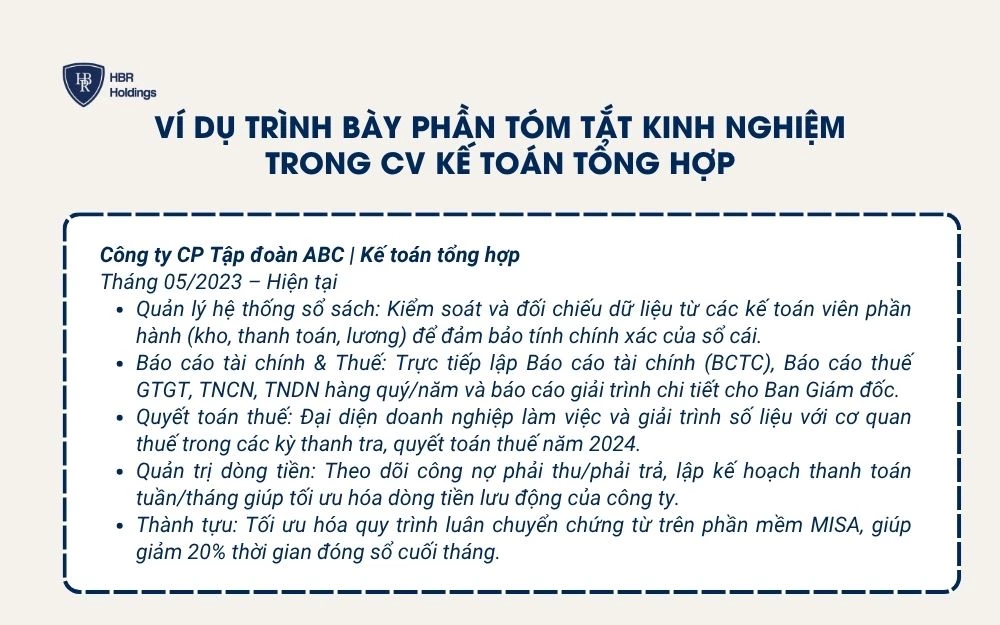 Ví dụ trình bày tóm tắt kinh nghiệm trong CV kế toán tổng hợp