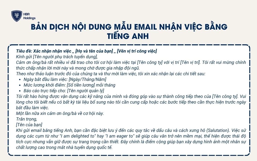 Bản dịch nội dung mẫu email nhận việc bằng tiếng Anh
