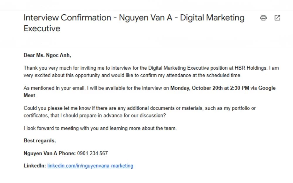 Mẫu Email xác nhận tham gia phỏng vấn bằng tiếng Anh