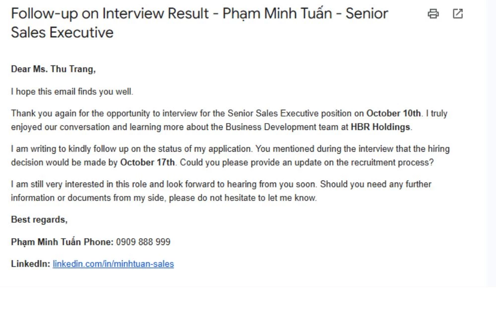 Mẫu email hỏi lại kết quả sau phỏng vấn bằng tiếng Anh