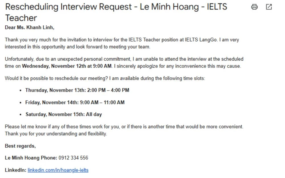 Mẫu email xin dời/đổi lịch phỏng vấn bằng tiếng Anh