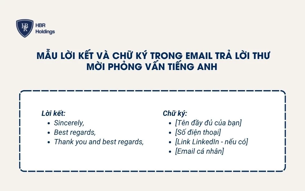 Mẫu lời kết và chữ ký trong Email trả lời thư mời phỏng vấn tiếng Anh