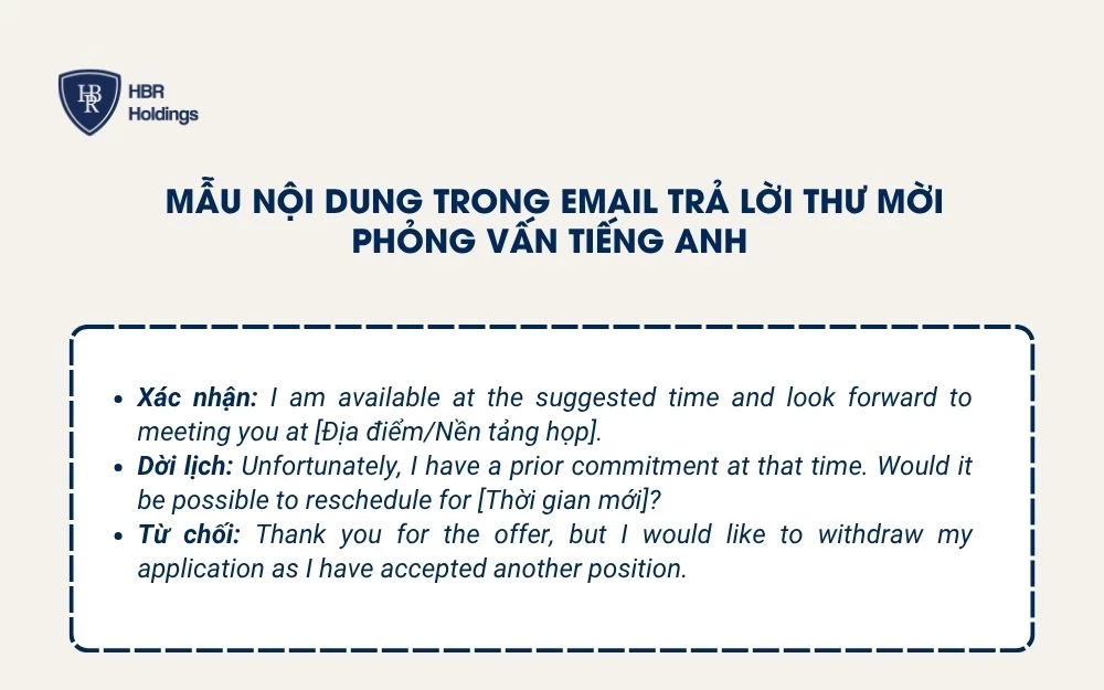 Mẫu nội dung chính trong Email trả lời thư mời phỏng vấn tiếng Anh